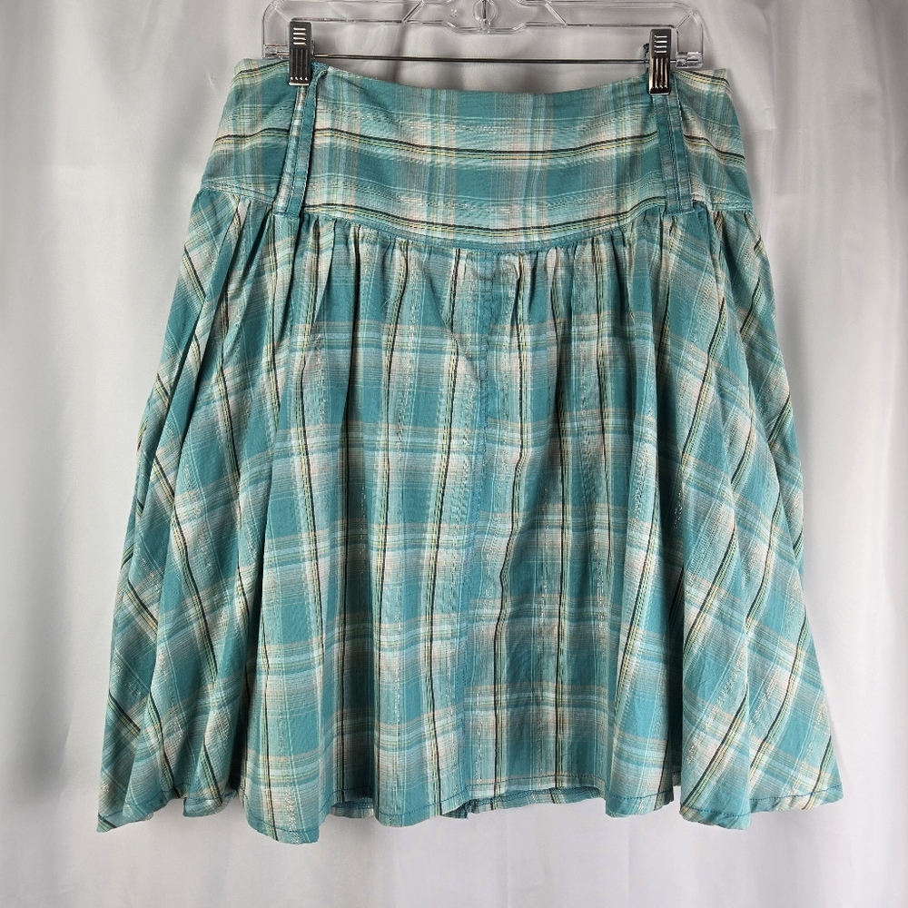 Larry Levine Metallic Gold Turquoise Button Up Flare Plaid Skirt Pockets Size 12 - Picture 10 of 12
